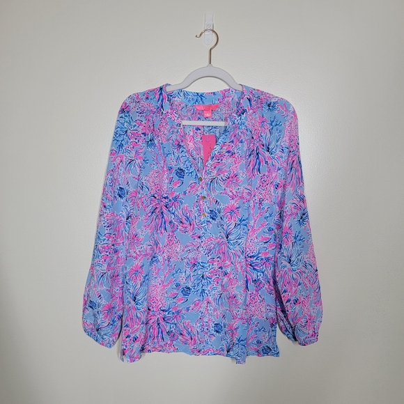 NWT Lilly Pulitzer Elsa top celestial blue seek and sea size small 100% silk - Picture 3 of 6